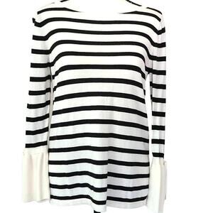 LOFT Sweater Women's S Black Cream Striped Cotton Bell Sleeve Classic Coastal